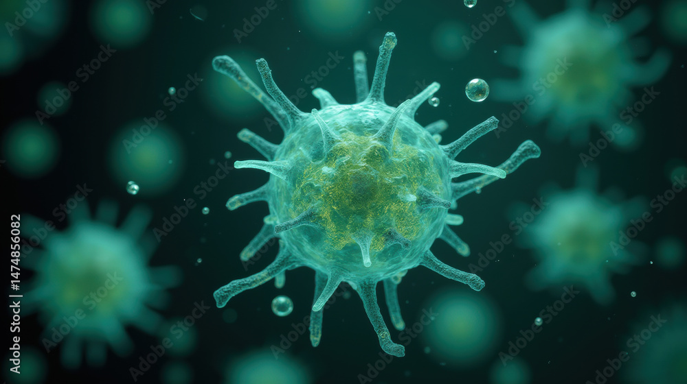 Poster microscopic view of virus, showcasing its structure with spikes and translucent appearance. image co