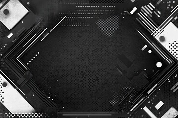 Abstract, graphic design.  A black and white background with geometric shapes, lines, and dots.  Textured effect