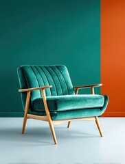 Fototapeta premium Green Armchair with Wooden Frame and Colorful Background