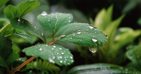 Close-up of Fresh Green Leaves With Water Droplets in a Lush Garden After a Rain Shower