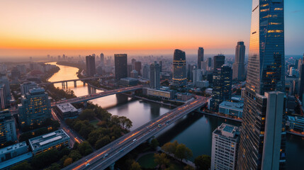 Fototapeta premium stunning cityscape at sunset, showcasing skyscrapers, river, and bridges, creating serene yet vibrant atmosphere