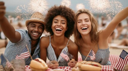 Three people are smiling and holding American flags while sitting on a beach