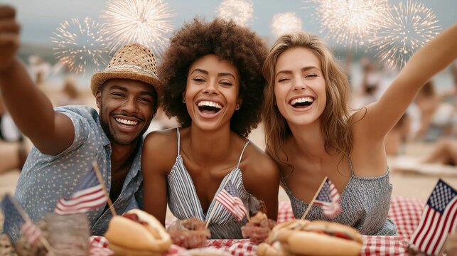 Three people are smiling and holding American flags while sitting on a beach