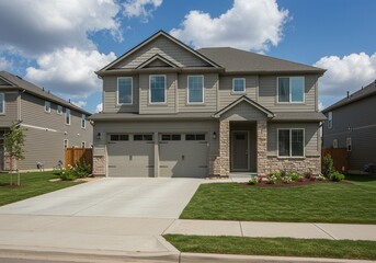 Beautiful Suburban Two Story House Exterior Design Modern Home Gray Lawn Roof Stone Dream Garage