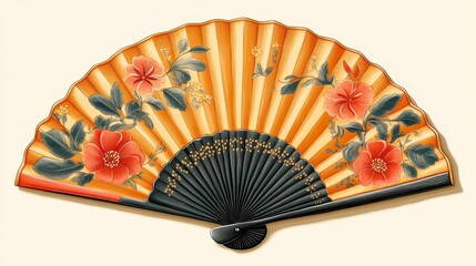 Floral fan, bright orange panels & black ribs