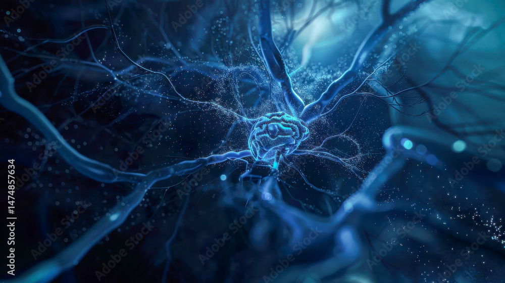 Poster futuristic concept image of a glowing blue digital brain connected by dynamic, flowing neural strand