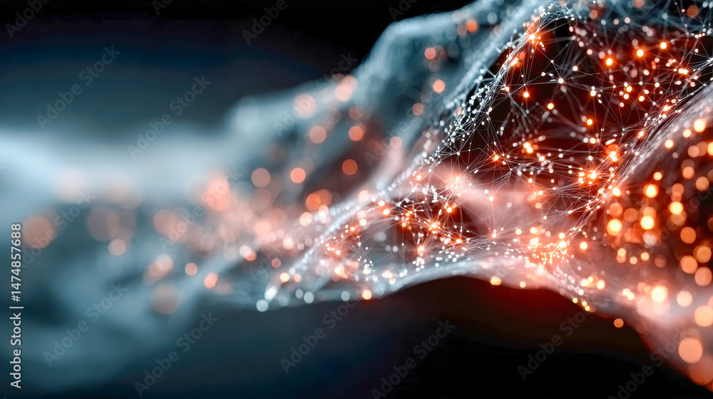 Poster glowing fiber optic strands flowing dynamically in a dark space, representing digital connections an