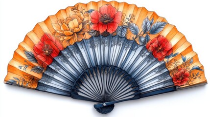 Decorative folding fan with floral designs in orange, red, and blue