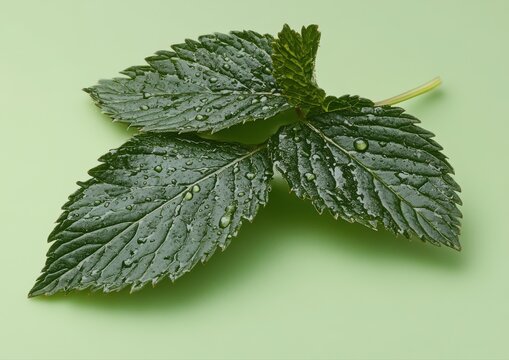 Close-up of fresh, vibrant green leaves, covered in water droplets, on a pale green background.  Detailed view of leaf structure
