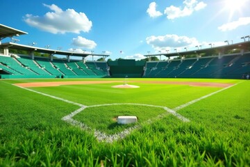Obraz premium Empty baseball field on a sunny day, green grass, white lines visible , wide shot, empty, baseball diamond