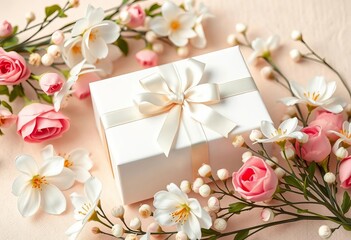 Elegant white gift box with satin ribbon, surrounded by delicate white and blush pink flowers on a light beige background, white box, product photography