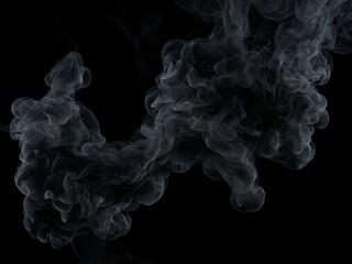 Dichte schwarze Rauchwolke mit filigranen Wirbeln vor tiefschwarzem Hintergrund in abstrakter Form