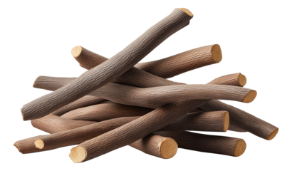 A stack of realistic wooden sticks arranged in a crisscross pattern on transparent background.