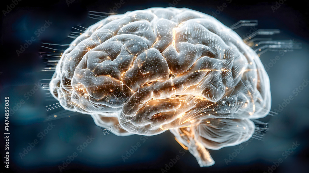 Poster futuristic concept of a glowing brain fused with microchips and neural circuits, symbolizing artific