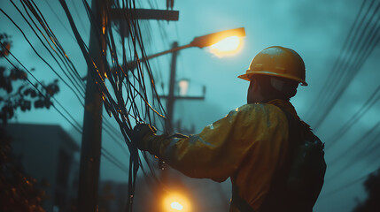 Electrician Working on Power Lines at Night