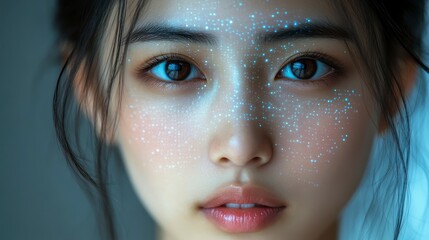 Glowing face A woman with shimmering sparkles on her face gazes forward with soft, serene expression