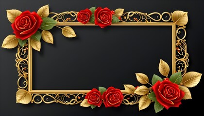 Celebratory floral frame with golden leaves and decorative hearts wrapping around a rectangular layout, including realistic red roses and embossed golden curls, transparent center, 8K UHD