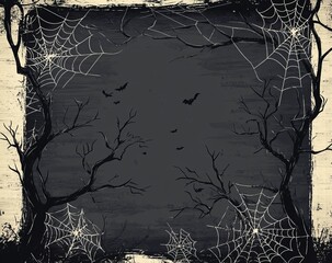 Black background with white spider webs, grunge texture, vector graphics, vector illustration, Halloween, scary, horror