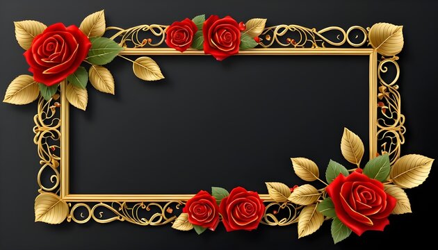Celebratory floral frame with golden leaves and decorative hearts wrapping around a rectangular layout, including realistic red roses and embossed golden curls, transparent center, 8K UHD