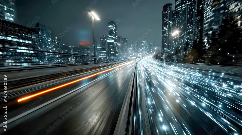 Poster futuristic cityscape at night with glowing data streams representing high-speed digital traffic on a