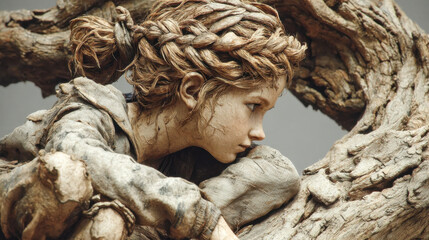 Sculpted figure of a girl with braided hair and natural textures, blending seamlessly with wooden branches