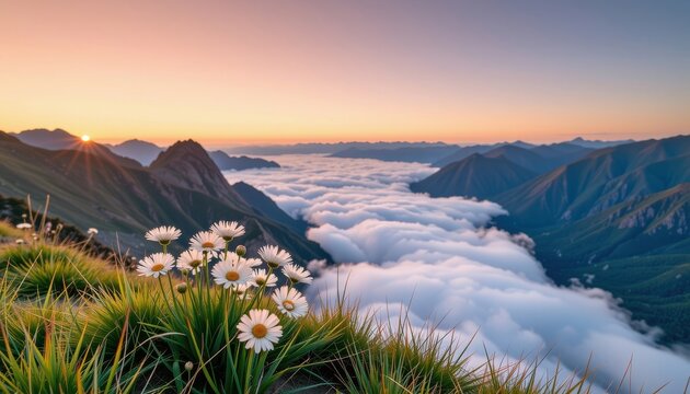 Fluffy white flowers sprouting from a grassy ledge with clouds rolling below, top down aerial illusion with sharp mountain ridges framing the background, gradient sky from peach to blue
