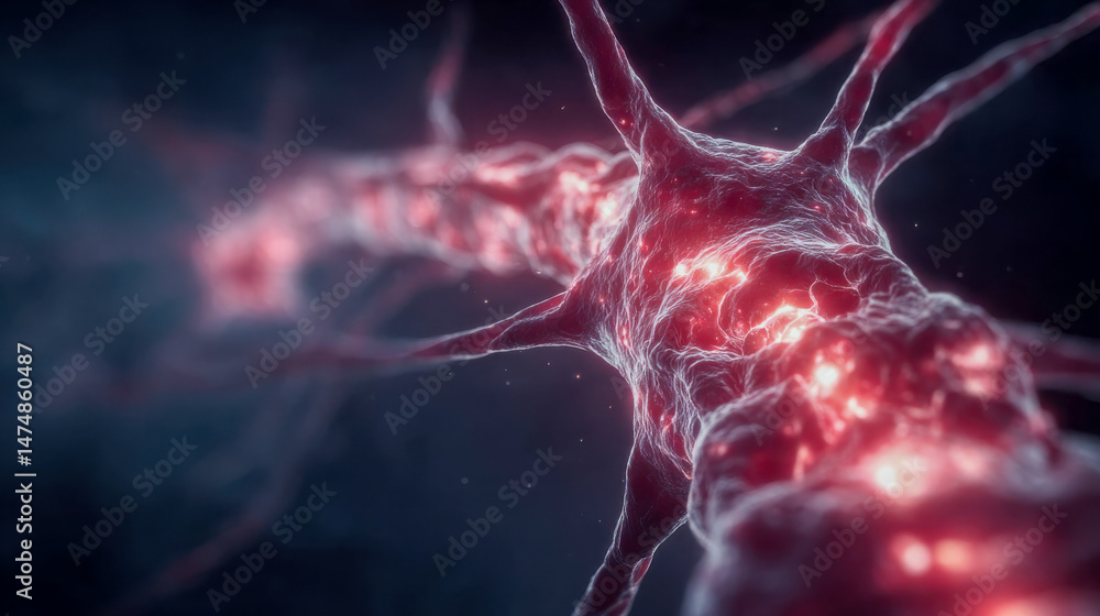 Poster abstract visualization of neural connections with golden sparks and web-like blue fibers, representi