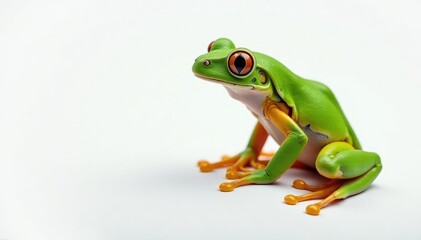 Obraz premium Green tree frog perched on white, vibrant skin, animal, nature photography