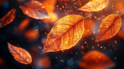 Falling leaves. Golden hues, bright specks, dark background. Soft focus