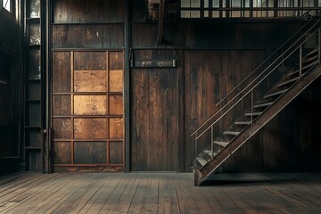 Vintage industrial interior featuring wooden wall and rustic metal staircase in dimly lit setting