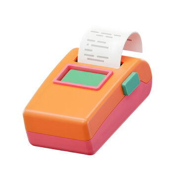 Compact portable receipt printer in orange and pink, printing a receipt. 3d rendering isolated on white background. Cartoon plastic style