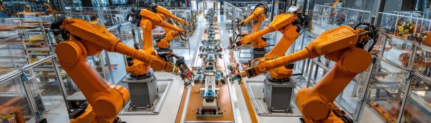 An automated production line with multiple robotic arms assembling parts simultaneously