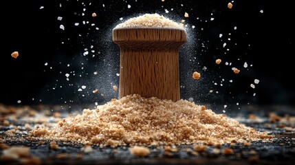 Wood stopper with crumbly powder forming a tiny mount on dark surface