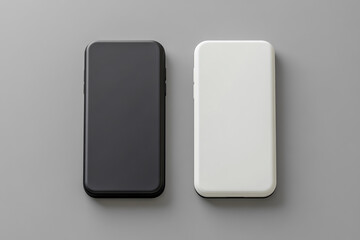 Two smartphones in black and white displayed on a soft gray background clean composition