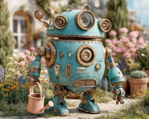 Fototapeta premium A whimsical blue robot waters flowers in a vibrant, colorful garden filled with blooming plants and greenery.