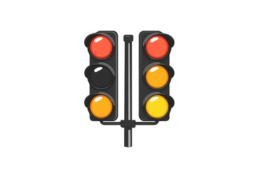 Two vertical traffic light poles with red, amber, and yellow lights, used for signaling vehicles, isolated on a transparent background