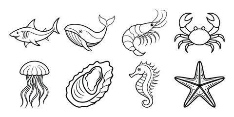 set of aquatic animals,whale,prawn,oyster,see horse,shark,star fish,jelly fish lineart design,
