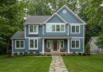 Beautiful Blue Two Story House Exterior Design Suburban Home Yard Gray Roof Dream Stone Family