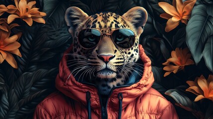 Leopard in sunglasses, wearing jacket, surrounded by lush foliage and vibrant flowers