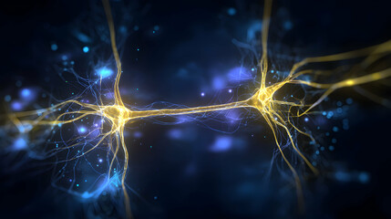 Neuron network transmits impulses amid abstract dark blue background