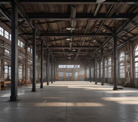 Industrial loft interior  High ceilings, exposed ducts, metal beams , urban, industrial style