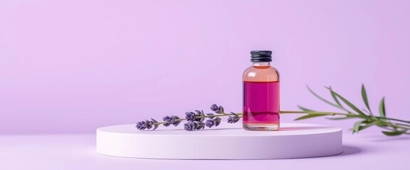 Lavender essential oil bottle & sprigs on minimalist platform, pastel purple background, natural, scene