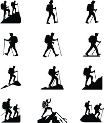 Vector illustration set of black silhouettes of people, including a man, woman, and child figures in various actions