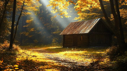 Rustic Wooden Cabin in Autumn Forest, Sunbeams Streaming Through Trees