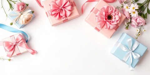 Naklejka premium Pastel pink & blue gift boxes, ribbons, flowers, white background Flat lay , pastel, summer
