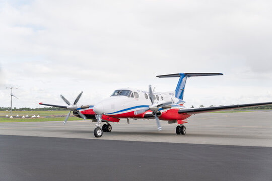 Bundaberg, Queensland, Australia - May 11 2025: Royal Flying Doctor Service RFDS plane on runway, rural and remote health medicine