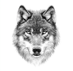 Fototapeta premium Black and white drawing of a wolf's face, clipart-style, with a white background.