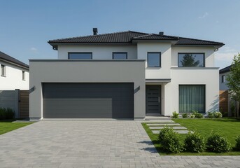 Modern Two Story House Exterior Design Gray White Garage New Home Roof Style Brick Luxury Family