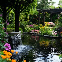 Fototapeta premium Serene Pergola and Waterfall in Tranquil Garden with Soft Sunlight high resolution picture