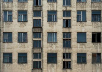 Fototapeta premium Old Building Exterior Facade Weathered Windows Urban Architecture city grey walls retro house stone